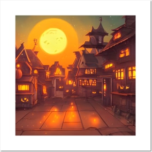 Spooky Halloween Moon Neigborhood in the Midnight Posters and Art